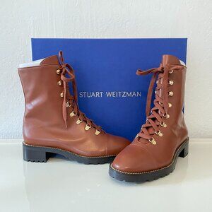 Stuart Weitzman Kolbie Combat Boots Cognac Brown Chain BRAND NEW IN BOX Size 10